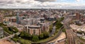 Aerial cityscape view of Leeds city centre and train station