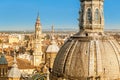 cityscape view on the roofs and spires of basilica of Our Lady del Pilar at sunset in Zaragoza city in Spain Royalty Free Stock Photo