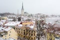 Aerial cityscape view of Tallinn Old Medieval Town on winter day. St. Olaf`s Church spire visible in the distance Royalty Free Stock Photo