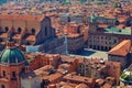 Aerial cityscape view from the tower on Bologna old town cente. Maggiore square and Basilica di San Petronio
