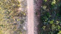 Aerial of clay road surrounded by brazilian caatinga vegetation, at sertao.