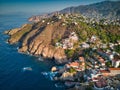 Aerial of cliffs in Acapulco skyline surrounded by the beach and the sea Royalty Free Stock Photo