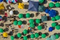 Aerial close up of a crowded beach full of umbrellas in Rio de Janeiro