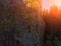 Aerial close-up view of the amazing forest mountains with rocks landscape at sunrise. Fantastic nature. Travel and discover