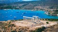 Aerial close up view of the ancient Temple of Poseidon at Cape Sounion
