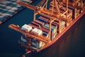 Aerial close up view of a cargo container ship. Fully loaded container ship at the cargo terminal in a seaport, port