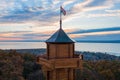 Aerial close up view about the freshly renovated lookout tower at Revfulop. Lake Balaton at the bakcground.