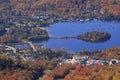 Aerial close-up view of Mont Tremblant resort and lake with autumn color leaf, Canada