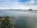 Aerial of the coast of Taal lake, Volcano Island and Binintiang Malaki. Shot at Laurel, Batangas Royalty Free Stock Photo