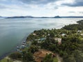 Aerial of the coast of Taal lake, Volcano Island and Binintiang Malaki. Shot at Talisay, Batangas Royalty Free Stock Photo