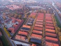 Aerial of Concentration camp Kz Auschwitz I in Poland Birkenau drone shot in Oswiecim. The most famous concentration