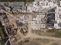 Aerial of a construction site, midrise residential condominiums constructed with prefab concrete.