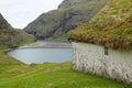 AERIAL Cool shot of grass covered house typical for countryside of Faroe Islands