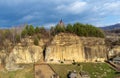 Aerial of the Corbii de Piatra monastery in Romania under the cloudy sky Royalty Free Stock Photo