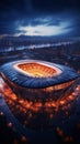 Aerial 3D view captures the splendor of a night lit soccer stadium Royalty Free Stock Photo