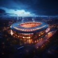 Aerial 3D view captures the splendor of a night lit soccer stadium Royalty Free Stock Photo