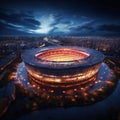 Aerial 3D view captures the splendor of a night lit soccer stadium Royalty Free Stock Photo