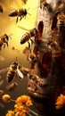 Aerial dance bees and bugs encircle a bustling hive in harmonious flight