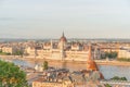 Aerial Danube panorama with a view of Hungarian Parliament building in central Budapest