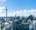 Aerial dawn view of the Toronto downtown cityscape with CN Tower