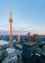 Aerial dawn view of the Toronto downtown cityscape with CN Tower