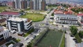 Aerial day shot above Buna Ziua district in Cluj, Romania. Grand Hotel Italia