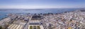 Aerial daytime view of Olhao downtown and Marina seascape. Algarve. Portugal.