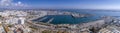 Aerial daytime view of Olhao fishing dock and seascape. Algarve. Portugal.