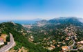 Aerial daytime view of Sorrento coast, Italy. Streets of city with hotels and restaurants are located on rocky seashore, mountains Royalty Free Stock Photo