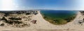 Aerial 360 Degree full sphere Panoramic photo view of the beach front on the beach of Sunny Beach in Bulgaria showing the