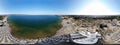 Aerial 360 Degree full sphere Panoramic photo view of the beach front on the beach of Sunny Beach in Bulgaria showing the