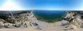 Aerial 360 Degree full sphere Panoramic photo view of the beach front on the beach of Sunny Beach in Bulgaria showing the