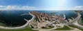 Aerial 360 Degree full sphere Panoramic photo view of the beach front on the beach of Sunny Beach in Bulgaria showing the