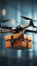 Aerial delivery concept drone with box, 3Drendering illustration