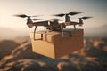 Aerial delivery, drone carrying blank package parcel mockup. Generative AI