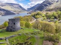 Aerial of Dolbadarn Castle at Llanberis in Snowdonia National Park in Wales