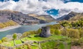 Aerial of Dolbadarn Castle at Llanberis in Snowdonia National Park in Wales