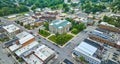 Aerial downtown Auburn Indiana with city and courthouse view