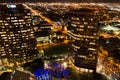 Aerial of downtown buildings at night in Phoenix, AZ