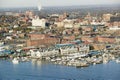 Aerial of downtown Portland Harbor and Portland Maine with view of Maine Medical Center, Commercial street, Old Port and Back Royalty Free Stock Photo