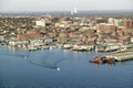 Aerial of downtown Portland Harbor and Portland Maine with view of Maine Medical Center, Commercial street, Old Port and Back