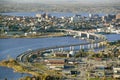 Aerial of downtown Portland, Maine showing Maine Medical Center, Commercial street, Old Port, Back Bay and the Casco Bay Bridge fr Royalty Free Stock Photo