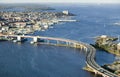 Aerial of downtown Portland, Maine showing Maine Medical Center, Commercial street, Old Port, Back Bay and the Casco Bay Bridge fr Royalty Free Stock Photo