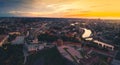 Aerial dramatic view Gediminas old castle tower in Old Town and Vilnius city panorama background, capital city of Lithuania. Royalty Free Stock Photo