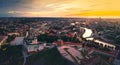 Aerial dramatic view Gediminas old castle tower in Old Town and Vilnius city panorama background, capital city of Lithuania. Royalty Free Stock Photo