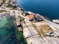 aerial dron view of Punta Cabalo Lighthouse in Arousa Island, Spain. Royalty Free Stock Photo