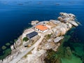 aerial dron view of Punta Cabalo Lighthouse in Arousa Island, Spain. Royalty Free Stock Photo