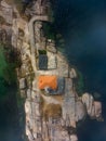 aerial dron view of Punta Cabalo Lighthouse in Arousa Island, Spain. Vertical photo Royalty Free Stock Photo