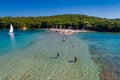 Aerial drone bird`s eye view of Bella Vraka Beach with turquoise sea in complex islands in Sivota area, Ionian sea, Epirus, Greec Royalty Free Stock Photo