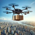 Aerial drone carrying package over an urban cityscape at sunset. Urban technology, commerce concept